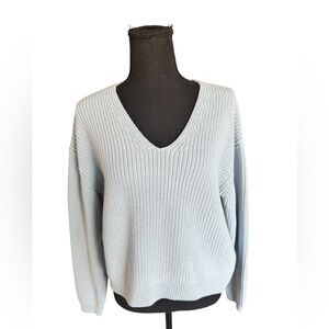 Quince Organic Cotton V-Neck Chunky Knit Sweater Blue Coastal Minimalist C35